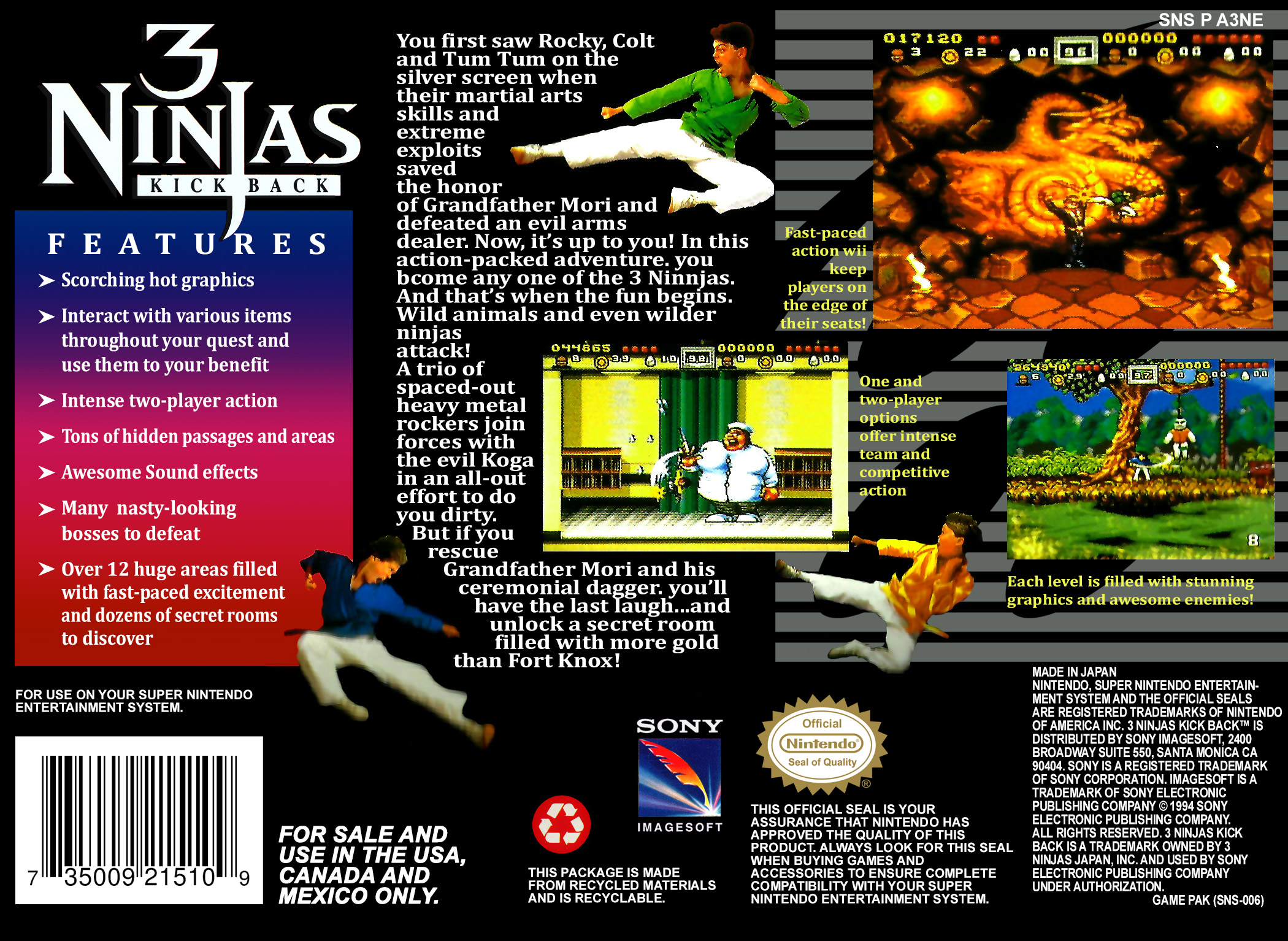 Box Art de 3 Ninjas Kick Back para Super Nintendo - verso - Estados Unidos