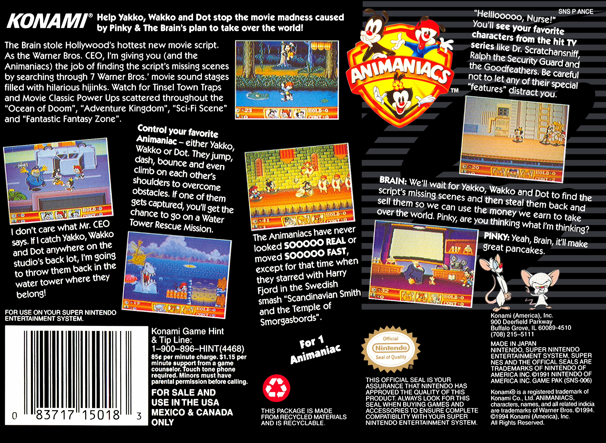 Box Art de Animaniacs para Super Nintendo - verso - Estados Unidos