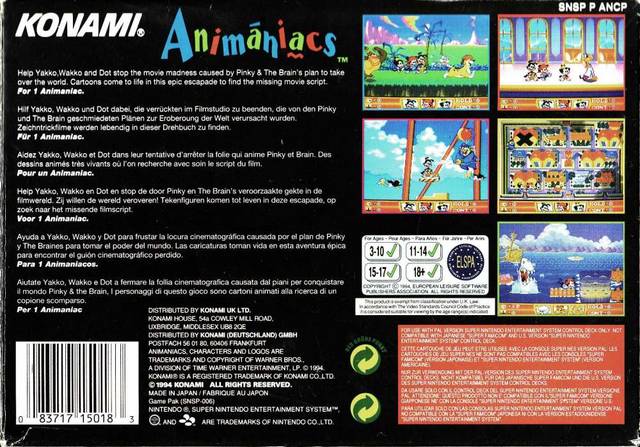Box Art de Animaniacs para Super Nintendo - verso - Europa