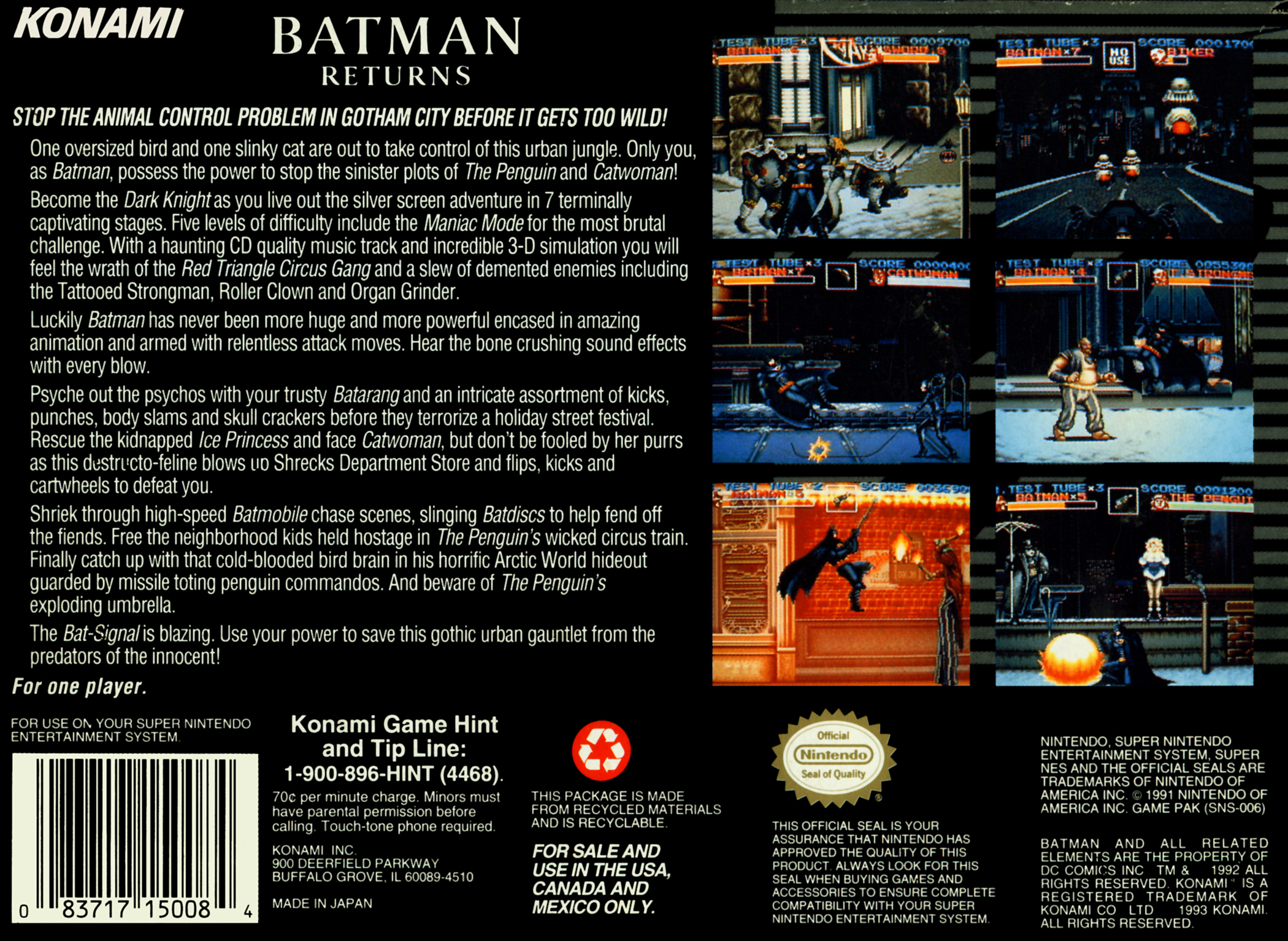 Box Art de Batman Returns para Super Nintendo - verso - Estados Unidos