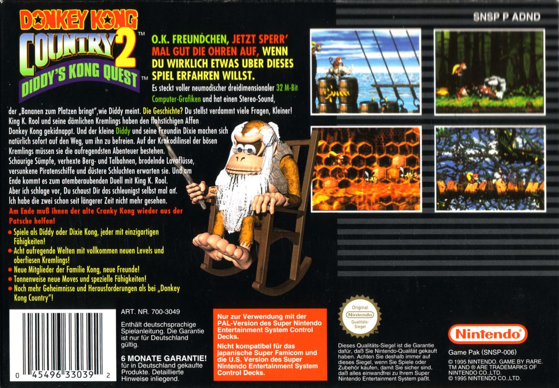 Box Art de Donkey Kong Country 2: Diddy's Kong Quest para Super Nintendo - verso - Alemanha