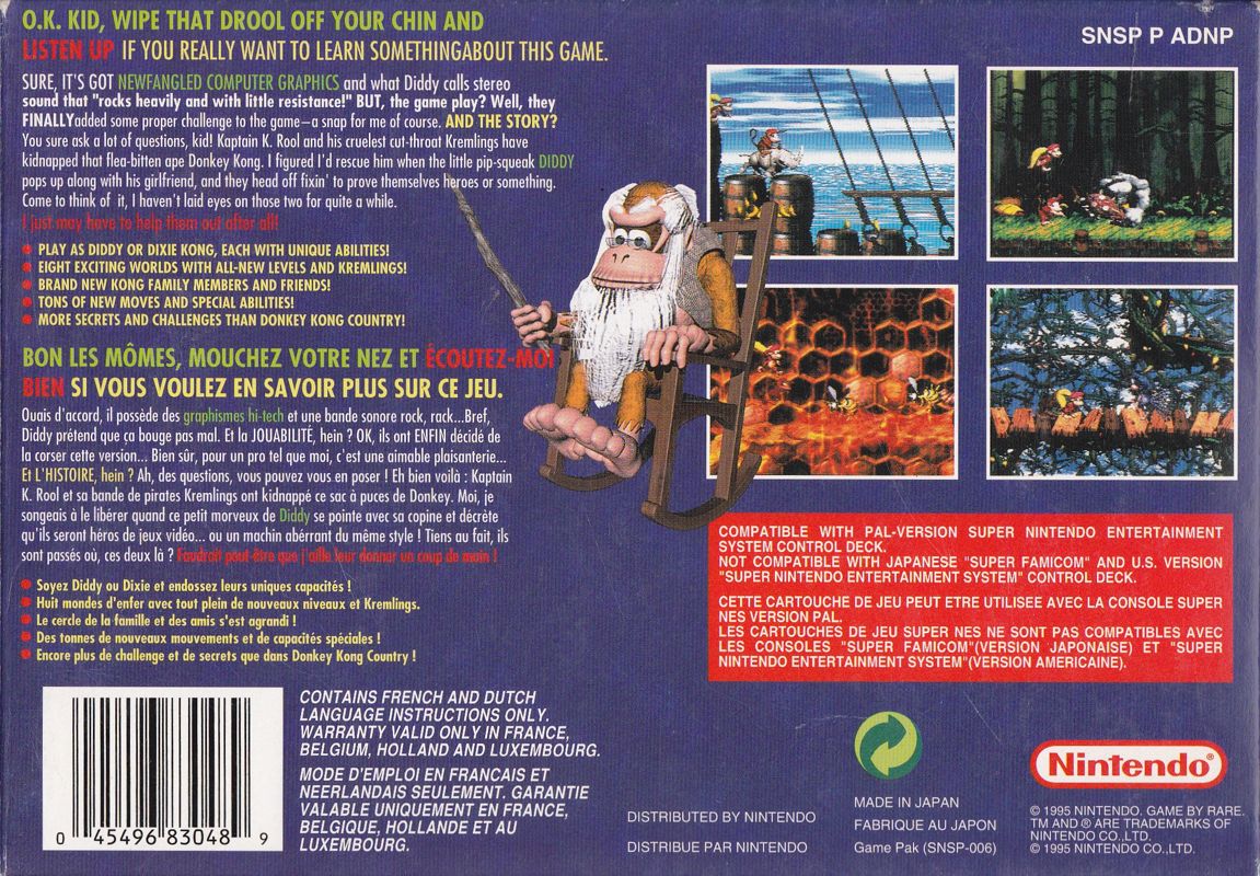 Box Art de Donkey Kong Country 2: Diddy's Kong Quest para Super Nintendo - verso - Bélgica, França, Luxemburgo, Países Baixos
