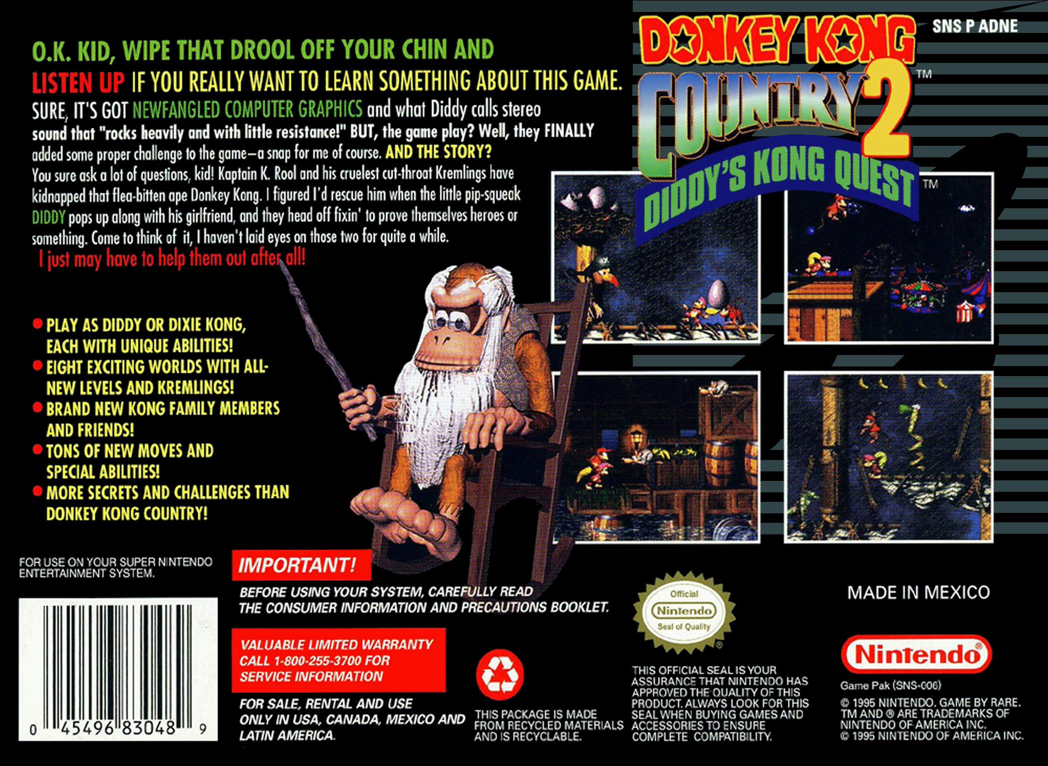 Box Art de Donkey Kong Country 2: Diddy's Kong Quest para Super Nintendo - verso - Estados Unidos
