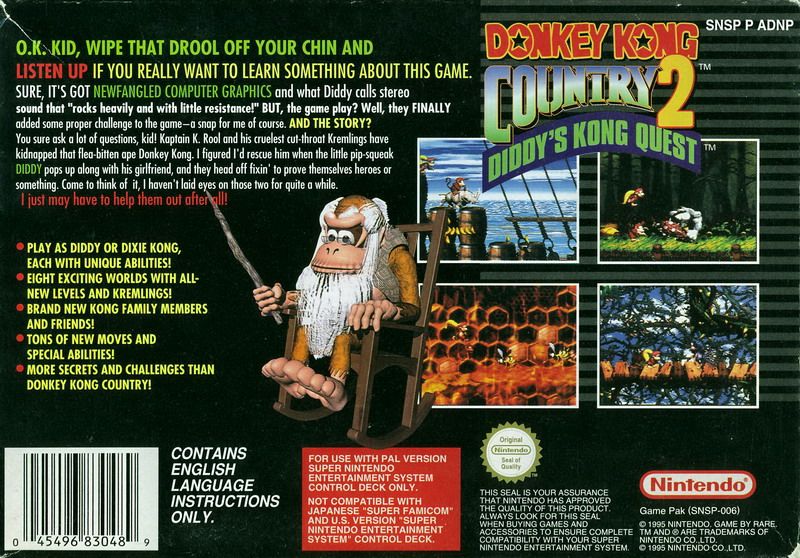 Box Art de Donkey Kong Country 2: Diddy's Kong Quest para Super Nintendo - verso - Reino Unido